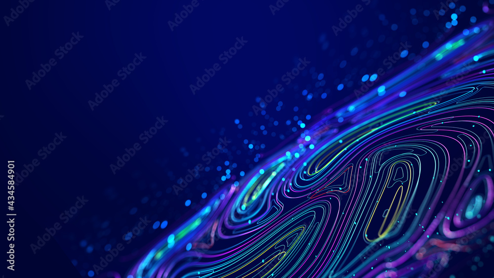 Poster Wireless systems, globalization, big data. Data analytics, blockchain technology. 3D illustration of circular paths. Orbital motion abstract background