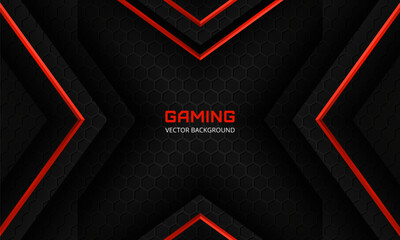 Abstract modern black and red arrow gaming background. Dark abstract banner with hexagon carbon fiber grid, red arrows and black triangles. Futuristic luxury modern sporty game vector illustration. © Biod