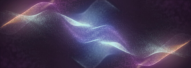 Abstrakte bunte digitale Partikelwelle mit Bokeh und hellem Hintergrund, 3D-Render-Wellenlinien-Punkthintergrund, Linienwellenlicht-Glüheffekt mit besonderem Hintergrund.