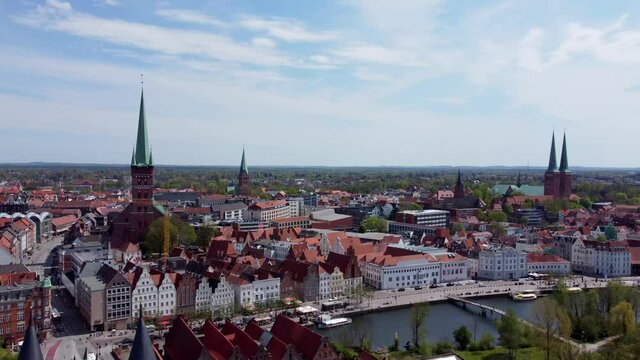 Famous Holsten Gate in the city of Lubeck Germany - aerial photography