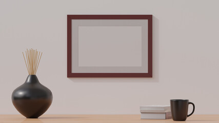 Poster mockup, red wooden frame on a plain white wall. 3D rendering