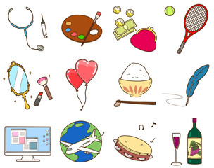 Set of adorable hand drawn profession tools and seasonal objects outlined