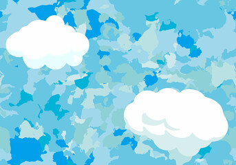 Fototapeta na wymiar モザイク調の夏空と白い雲のシームレス背景イラスト（ベクター、コバルトブルー系）