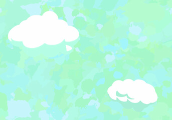 モザイク調の夏空と白い雲の背景シームレスイラスト（ベクター、ライムグリーン系）