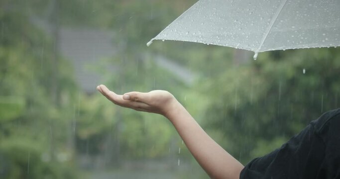 Woman catching raindrops in her palm under the rain