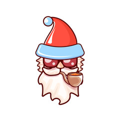 Santa Claus head with Santa red hat, smoking pipe and red hipster sunglasses isolated on white Christmas background. Santa label or sticker design