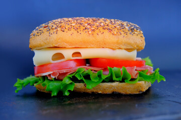 close-up of appetizing sandwich with ripe tomato slices, green lettuce, cheese, ham, ruddy poppy seed bun, quick snack concept, making of fastfood at home, chef is cooking sandwich, fast food, diet