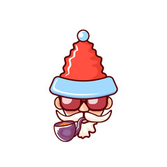 Santa Claus head with Santa red hat, smoking pipe and red hipster sunglasses isolated on white Christmas background. Santa label or sticker design
