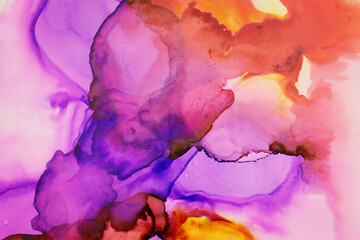 art photography of abstract fluid painting with alcohol ink, purple, orange and pink colors