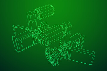 Digital video hand-held camera with rotating screen and external microphone. Wireframe low poly mesh vector illustration.