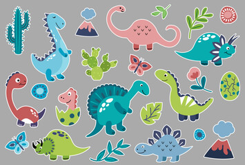 Dinosaur stickers pack. Hand-drawn style. Vector illustration. - obrazy, fototapety, plakaty