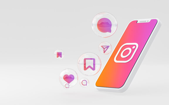 Instagram icon on screen smartphone or mobile and instagram reactions love 3d render