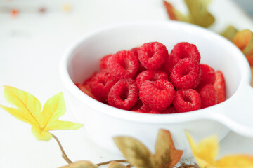 white bowl with raspberries and leaves in the holiday and fall
