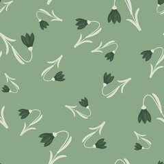 Organic decorative seamless pattern with harebell silhouettes. Pastel green background. Floral print.