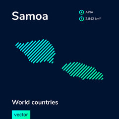Vector creative digital neon flat line art abstract simple map of Samoa with green, mint, turquoise striped texture  on dark blue background. Educational banner, poster about Samoa