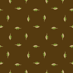 Cartoon animal seamless pattern with green geometric dinosaur shapes. Brown background. Kids print.