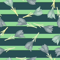 Seamless pattern with random outline crocus flowers . Striped blue and green background.
