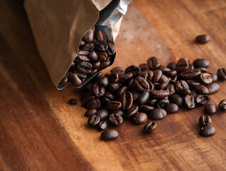 coffee beans on wooden background 