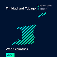 Vector creative digital neon flat line art abstract simple map of Trinidad and Tobago with green, mint, turquoise striped texture  on dark blue background.