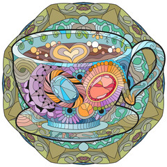 Vector coffee or tea cup with abstract ornaments.