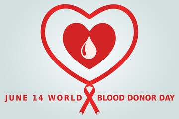 June 14 world blood donor day concept flat vector illustration. Heart, and blood drop with text. A design for healthcare, awareness, banner, poster.