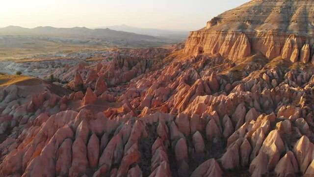 Cappadocia aerial drone view to Red and Rose valley rocks, Goreme Turkey