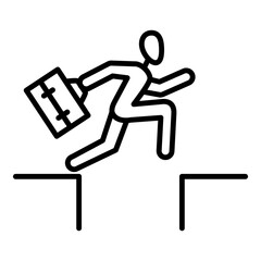 A businessman jumps over the abyss, barrier. Overcoming the crisis, running with obstacles. Vector icon, outline, isolated.