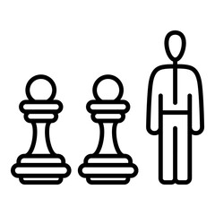 Man and chess pawns. Playing chess, manipulation in business. Vector icon, outline, isolated.