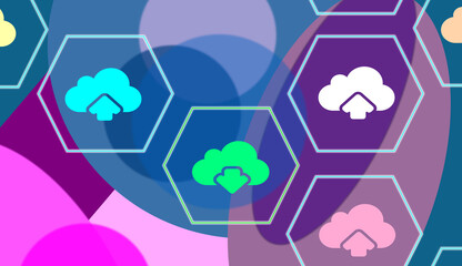 Fototapeta premium Cloud drive icon, computing. Uploads and downloads of data online. Virtual space. Hexagons with symbol graphics. Elegant line illustration. Cheerful geometric elements and flamboyant fund.
