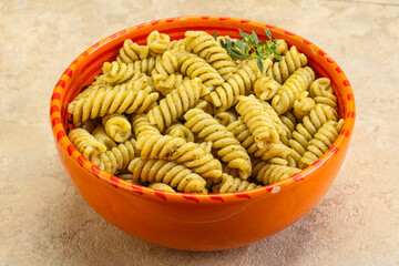 Italian pasta Fusilli with pesto