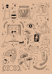 Witchy objects sticker sheet mushrooms, tarot cards, crystals, candles, eye, hands and bottles - obrazy, fototapety, plakaty
