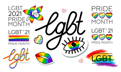 a large set of logos, icons, stickers  and lettering with symbols of the lgbt community. vector symbol in support of sex minorities for pride month. isolated on white for any design