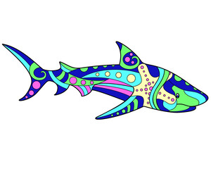 Shark - vector linear full color illustration. Ocean animal - multicolored white shark with patterns. Template for stained glass, batik or coloring. The seahorse is a vivid picture