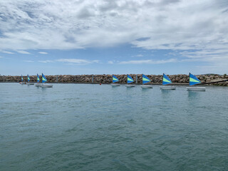tail of small sailboats in the harbor