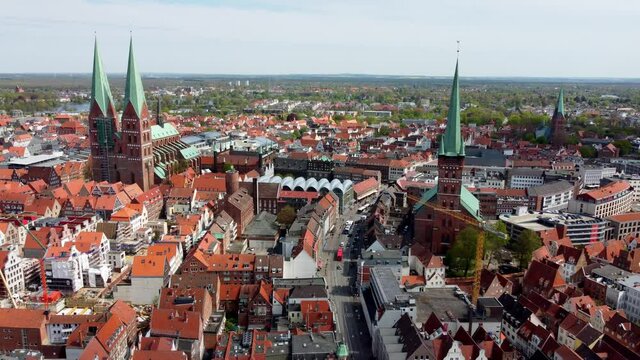Famous Holsten Gate in the city of Lubeck Germany - aerial photography