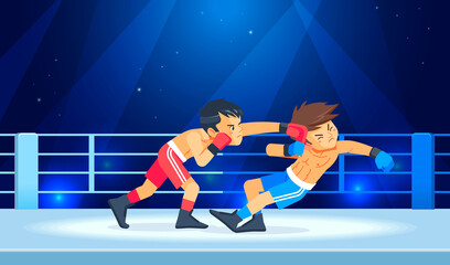 Boys fighter or boxer loses and gets hit in the face while having a knockdown or Knockout in the boxing ring. Cartoon character, flat style vector illustration - obrazy, fototapety, plakaty