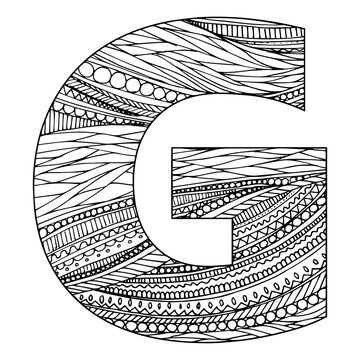Zentangle stylized alphabet - letter G. vector illustration Black white hand drawn doodle, ethnic pattern