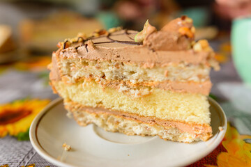 A piece of holiday cake on a plate, a sweet and delicious homemade dessert.
