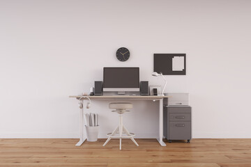 interior design for working area with desktop screen on white top desk, working space, working background ,interior of working room , white background,3d illustration,3d rendering