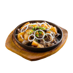 Isolated dish of oriental lamb roast with potatoes and onion