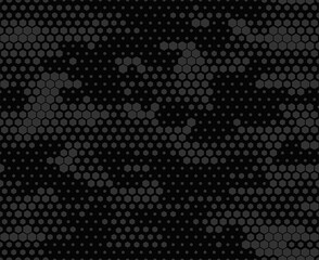 Seamless camouflage pattern modern. Abstract camo from hexagonal elements on a dark background. Military texture. Print on fabric and clothing. Vector illustration