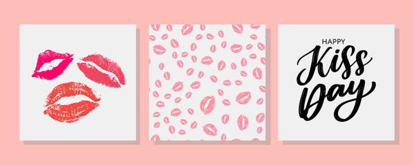 Naklejka premium Kiss me greeting card, poster with pink hand drawn watercolor lips. Vector background with ink hand lettering.