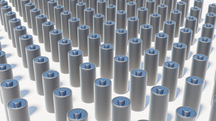 Battery pack background on a white backdrop. AA or 18650 vape or electric car Lithium battery of metallic material standing in a row in large groups. 3D Illustration