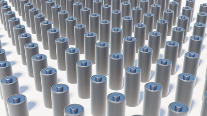 Obraz premium Battery pack background on a white backdrop. AA or 18650 vape or electric car Lithium battery of metallic material standing in a row in large groups. 3D Illustration