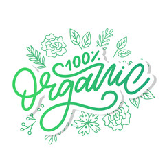 Organic brush lettering. Hand drawn word organic with green leaves. Label, logo template for organic products, healthy food markets.