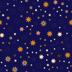 Star pattern. Seamless repeating space background with different cosmic flashes in the sky, for baby, kid, child. For textiles, fabrics and printing. Packaging design, wrapping paper. Vector 