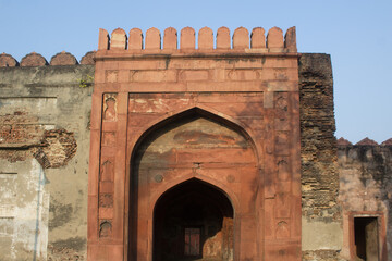 Wall of Red Fort (Lal Qila) Delhi - World Heritage Site. Inside view of the Red Fort, ancient tower of red stone in the fortress the dom
