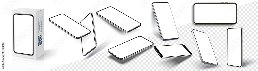 Poster Realistic smartphone mockup. Device UI, UX, mockup for presentation template. Cellphone frame with blank display isolated templates, phone different angles views. 3d isometric illustration cell phone