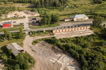 Aerial view of abandoned Kuldiga town match factory and wood processing company Vulkans, Latvia.