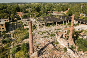 Fototapeta na wymiar Aerial view of abandoned Kuldiga town match factory and wood processing company Vulkans, Latvia.